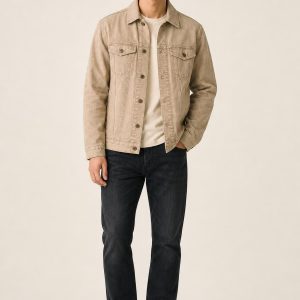 Men's Sand Tonal Texture Denim Jacket worn with an adult model