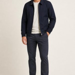 Men's Navy Tonal Texture Harrington Jacket worn with an adult model