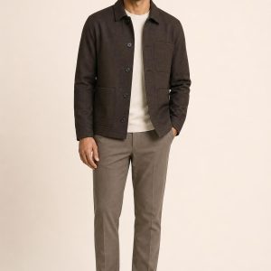 Men's Chocolate Tonal Texture Chore Jacket worn with an adult model