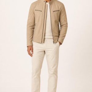 Men's Sand Tonal Texture Moto Jacket worn with an adult model