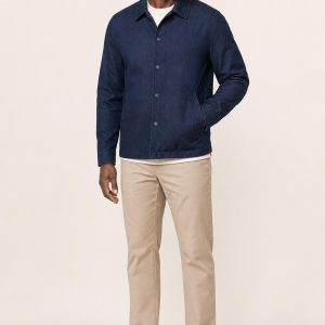 Men's Navy Tonal Texture Coach Jacket worn with an adult model