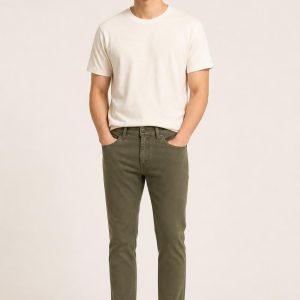 Men's Olive Cropped Jeans worn with an adult model