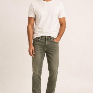Men's Olive Faded Wash Relaxed Jeans worn with an adult model