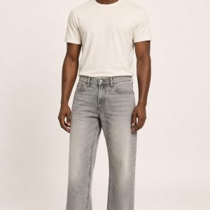 Men's Silver Faded Wash Loose Jeans worn with an adult model