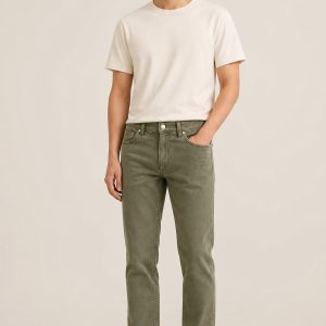 Men's Olive Clean Wash Straight Jeans worn with an adult model