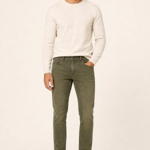 Men's Olive Clean Wash Tapered Jeans worn with an adult model