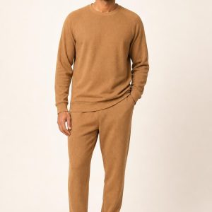 Men's Camel Tonal Texture Jogger Lounge Set worn with an adult model