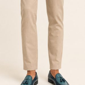 Men's Teal Two-tone Panel Tassel Loafer worn with an adult model