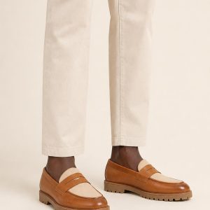 Men's Camel Two-tone Panel Lug Loafer worn with an adult model