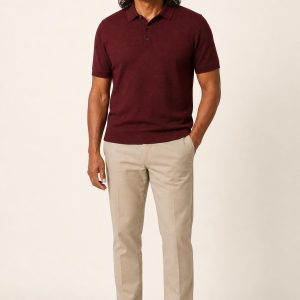 Burgundy Knit Polo worn with an adult model