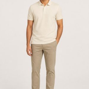 Men's Cream Pique Polo worn with an adult model