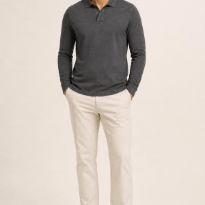 Men's Charcoal Long-Sleeve Polo worn with an adult model