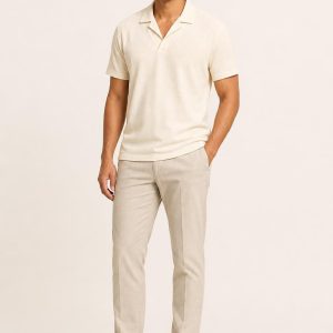 Men's Cream Open-Collar Polo worn with an adult model