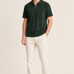 Men's Forest Zip-Neck Polo worn with an adult model