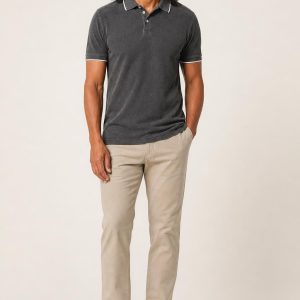 Men's Charcoal Tipped Polo worn with an adult model