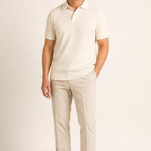 Men's Cream Jacquard Polo worn with an adult model