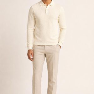 Men's Cream Tonal Texture Long-Sleeve Polo worn with an adult model