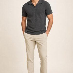 Men's Charcoal Tonal Texture Open-Collar Polo worn with an adult model