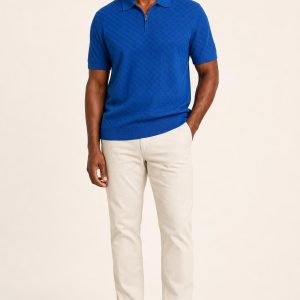 Men's Cobalt Tonal Texture Zip-Neck Polo worn with an adult model