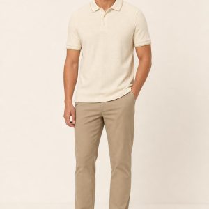 Men's Cream Tonal Texture Tipped Polo worn with an adult model