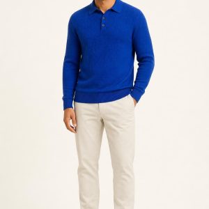 Men's Cobalt Tonal Texture Sweater Polo worn with an adult model