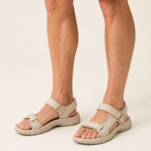 Men's Oatmeal Sport Sandal worn with an adult model