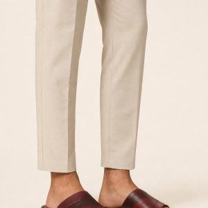 Men's Burgundy Two-tone Panel Slide Sandal worn with an adult model