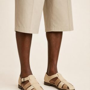 Men's Oatmeal Two-tone Panel Fisherman Sandal worn with an adult model