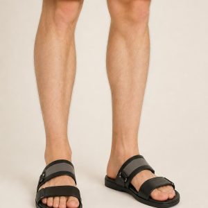 Men's Black Two-tone Panel Two-Strap Sandal worn with an adult model