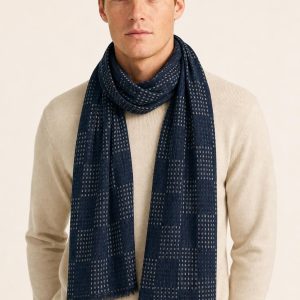 Men's Indigo Cotton Scarf worn with an adult model