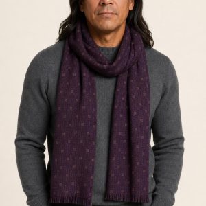 Men's Plum Light Travel Scarf worn with an adult model