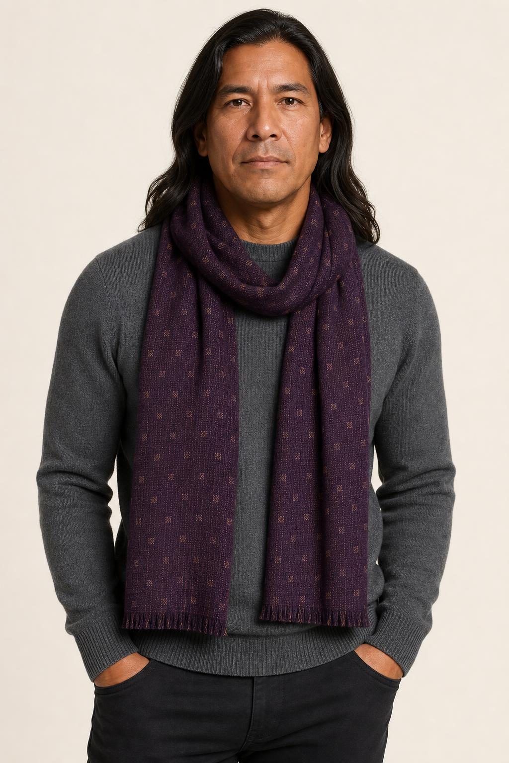 Men's Plum Light Travel Scarf worn with an adult model