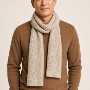 Men's Stone Fine-Knit Scarf worn with an adult model