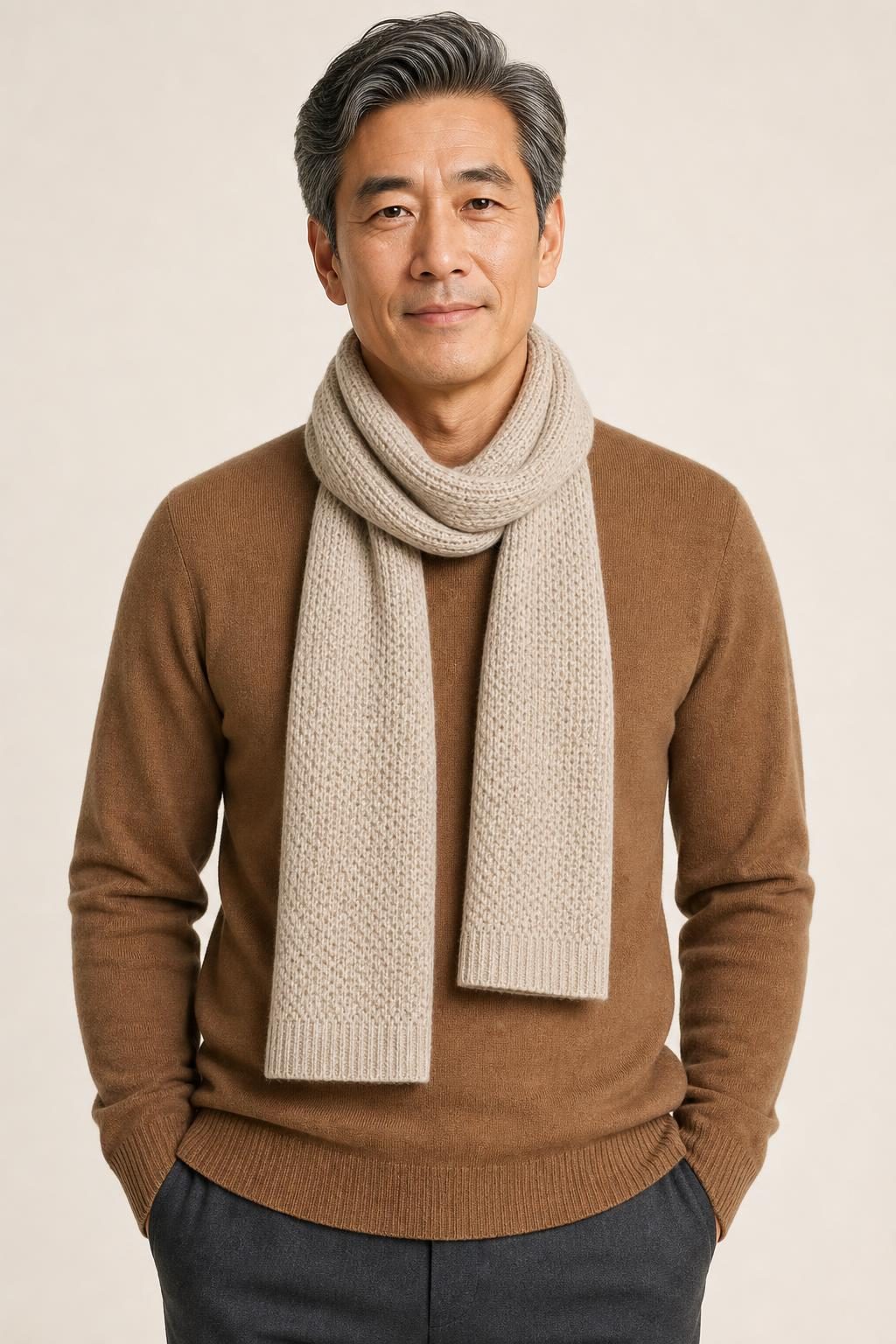 Men's Stone Fine-Knit Scarf worn with an adult model