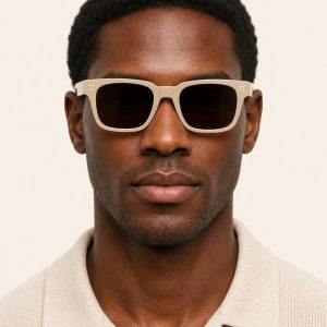Men's Oatmeal Square Sunglasses worn with an adult model