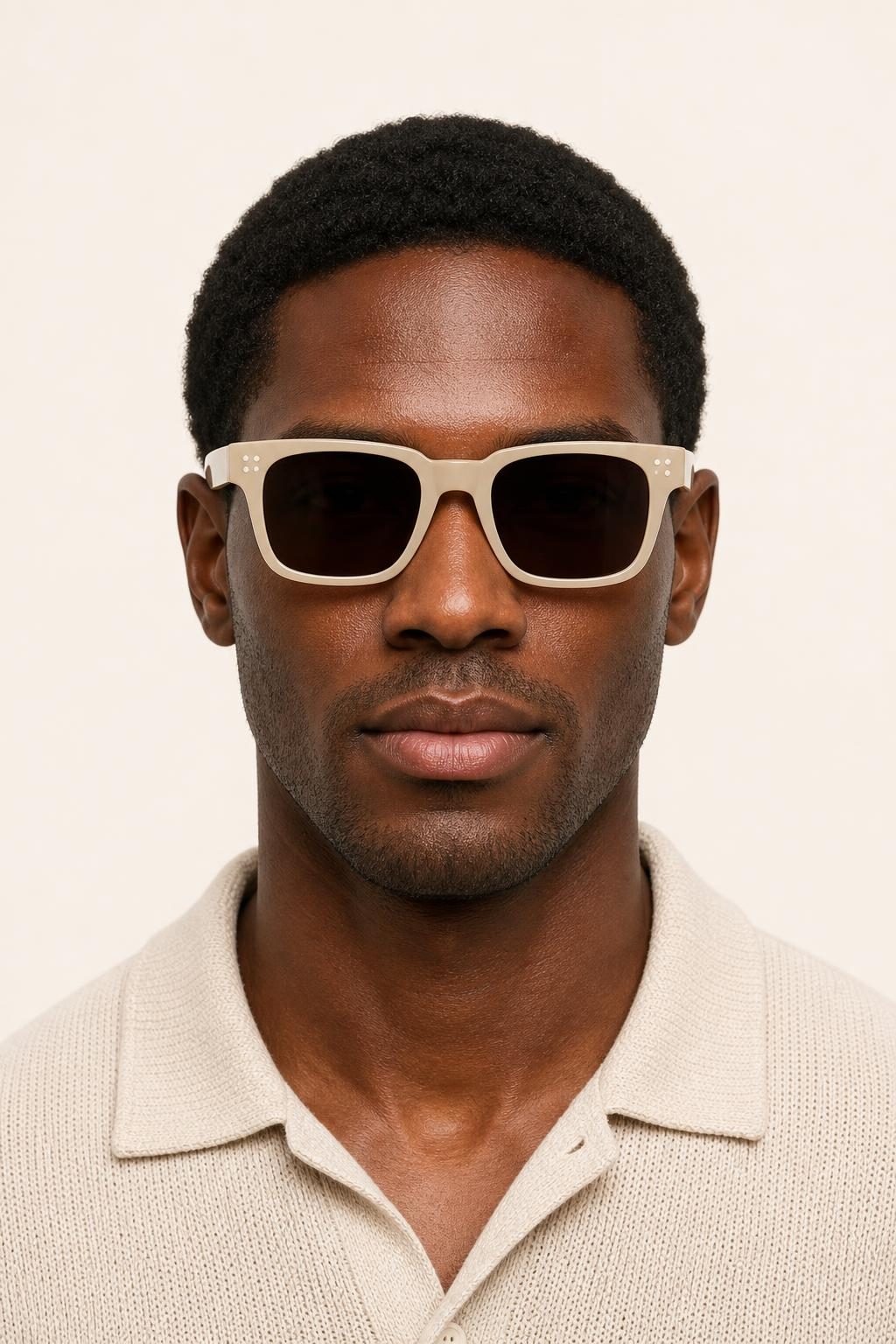 Men's Oatmeal Square Sunglasses worn with an adult model