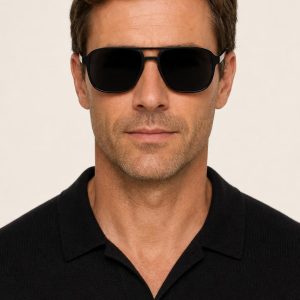 Men's Black Navigator Sunglasses worn with an adult model