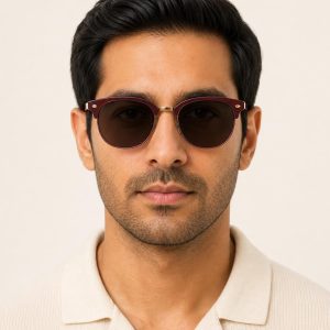 Men's Burgundy Browline Sunglasses worn with an adult model