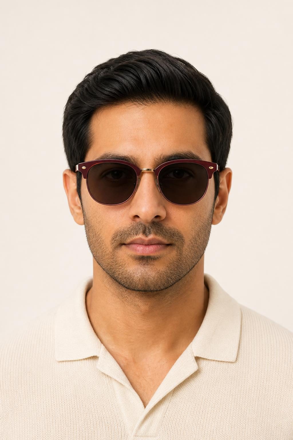 Men's Burgundy Browline Sunglasses worn with an adult model