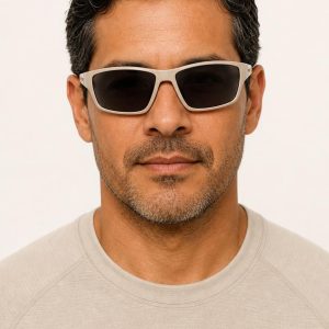 Men's Oatmeal Sport Sunglasses worn with an adult model