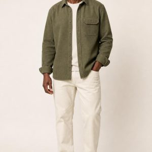 Olive Twill Overshirt worn with an adult model