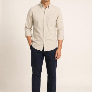 Sky Oxford Button-Down Shirt worn with an adult model