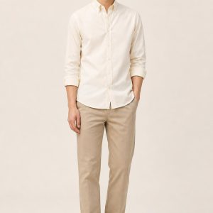 Men's Ivory Oxford Shirt worn with an adult model
