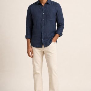 Men's Indigo Linen Shirt worn with an adult model