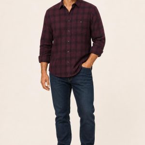 Men's Plum Flannel Shirt worn with an adult model