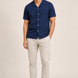 Men's Indigo Camp Shirt worn with an adult model