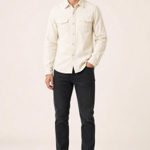Men's Ivory Denim Shirt worn with an adult model