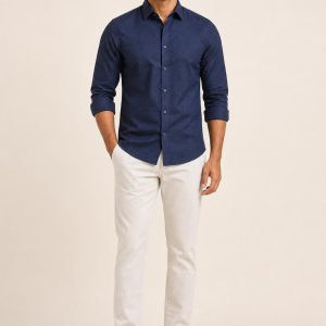 Men's Indigo Tonal Texture Poplin Shirt worn with an adult model