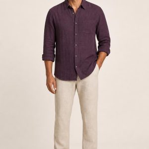 Men's Plum Tonal Texture Linen Shirt worn with an adult model