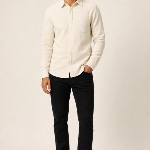 Men's Ivory Tonal Texture Flannel Shirt worn with an adult model